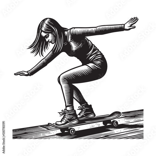 Monochrome woman figure balanced on skateboard in a woodcut drawing style