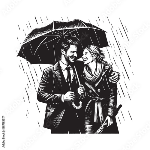 Monochrome Woodcut Illustration of a Cheerful Couple Sharing an Umbrella in Rain