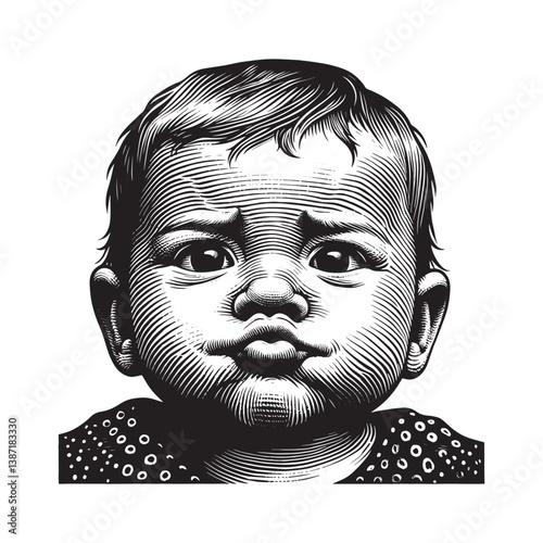 Monochrome woodcut illustration of a baby with a thoughtful expression