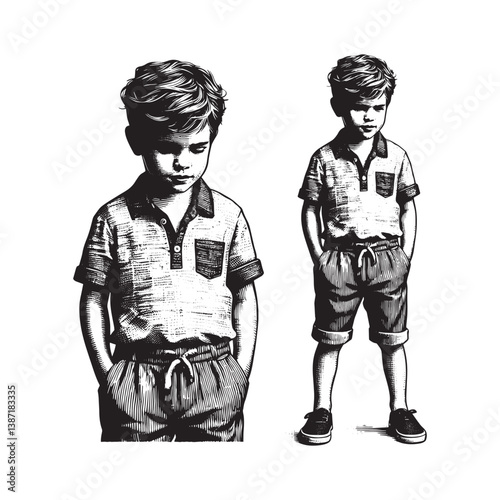 Monochrome woodcut drawing of a young boy in casual attire presenting two poses