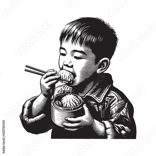 Monochrome woodcut drawing of a young boy enjoying a delicious dim sum meal