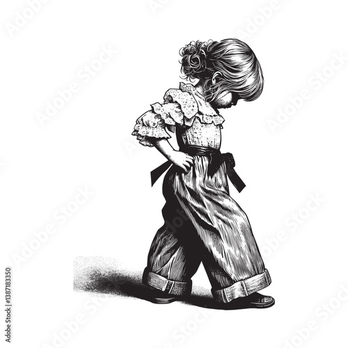 Monochrome woodcut drawing of a young girl exploring with confident stride