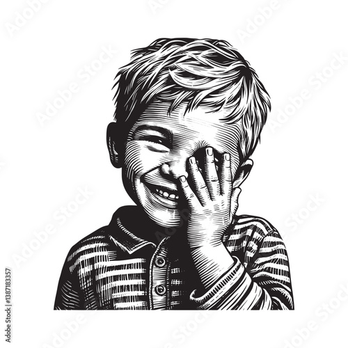 Monochrome woodcut illustration of a gleeful boy concealing his smile