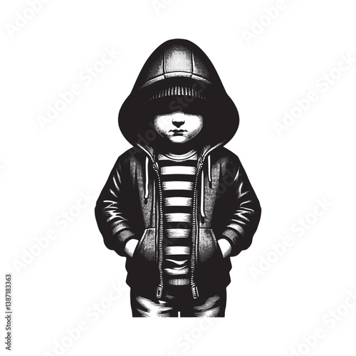 Monochrome woodcut illustration of a child wearing a hooded jacket apparel