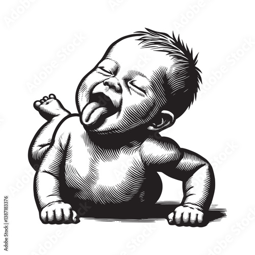 Monochrome woodcut drawing showcases a baby,s playful wiggling tongue moment