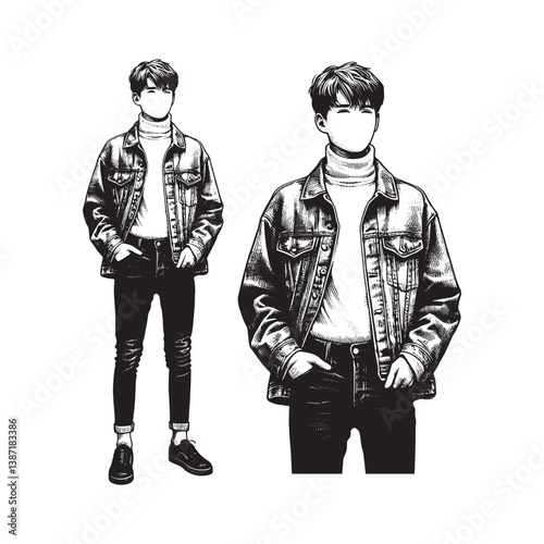 Monochrome woodcut illustration of a boy wearing stylish casual attire