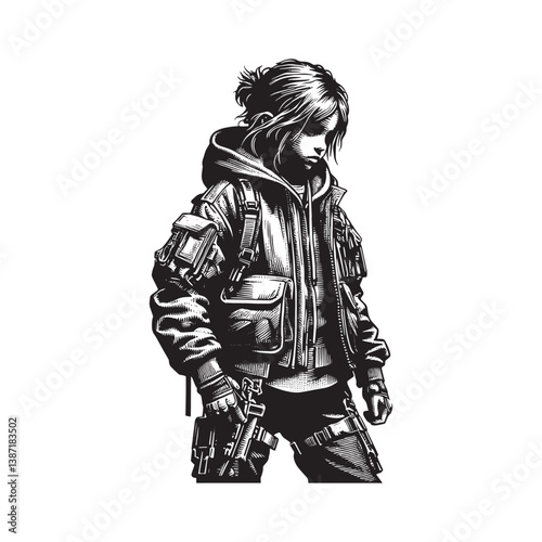 Monochrome Woodcut Illustration of Young Girl in Futuristic Tactical Outfit