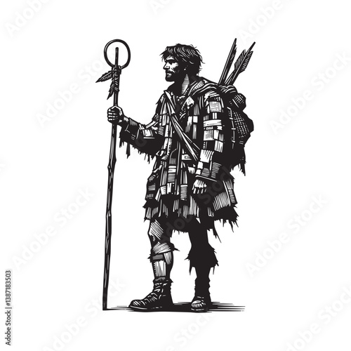 Monochrome woodcut of a resilient wanderer holding a spear with torn sleeves