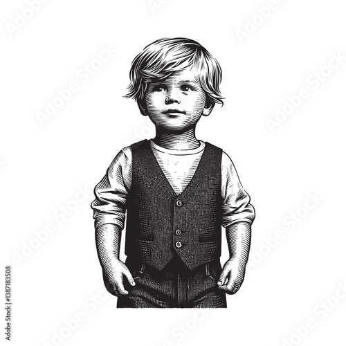 Monochrome woodcut of a confident young boy in vest and cotton tee