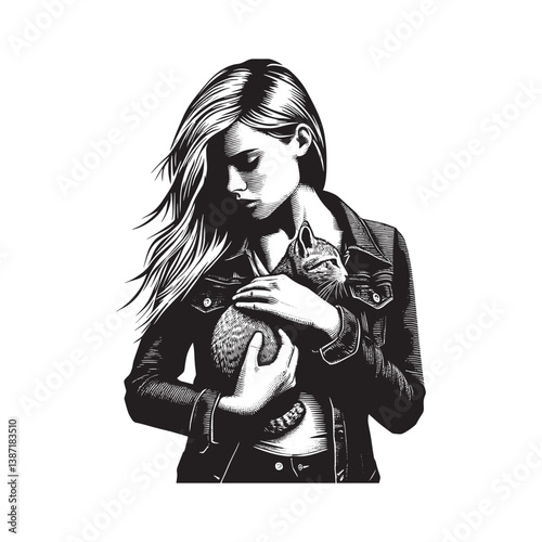 Monochrome woodcut of a girl tenderly holding her feline friend cat