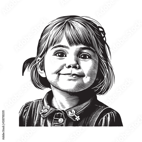 Monochrome woodcut of a cheerful young girl with an endearing mischievous look