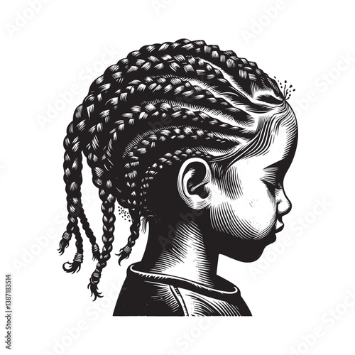 Monochrome woodcut illustration showcasing a young girl with knotless braids hairstyle