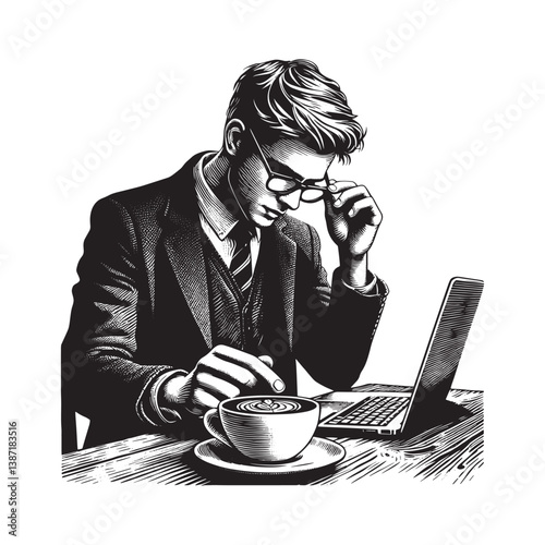 Monochrome woodcut of a focused professional working at a coffee shop