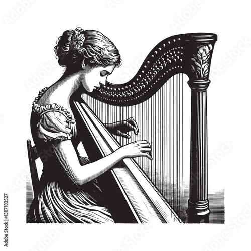 Monochrome woodcut of a woman gracefully playing a hybrid harp recital