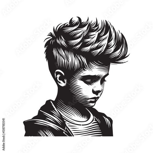 Monochrome woodcut rendition of a pensive boy with modern quiff hairstyle