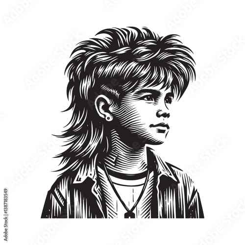 Monochrome woodcut portrait of a youth with a distinctive mullet hairstyle