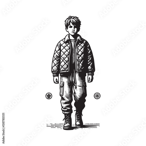 Monochrome woodcut of a young boy in modern casual attire and classic boots