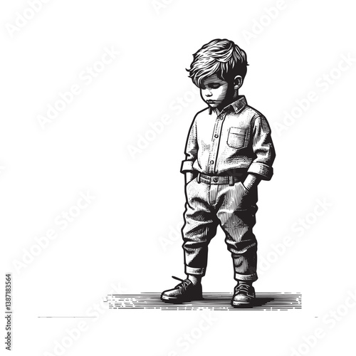 Monochrome woodcut style depiction of a young boy in casual attire artistic