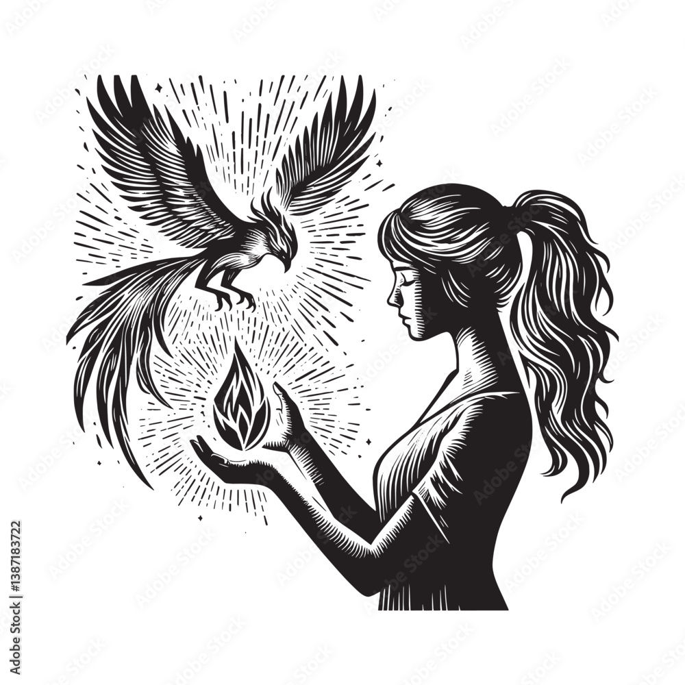 Fototapeta premium Mystical encounter woman holding radiant gem beneath soaring phoenix image