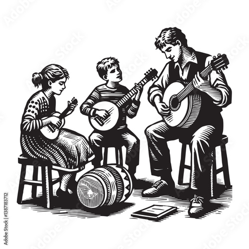 Musical family creating joyous melodies together in woodcut illustration