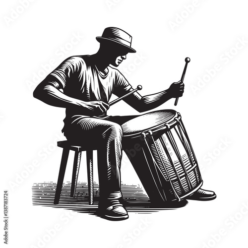 Musician,s Silhouette Rhythm, Drumming Art in Handcrafted Style