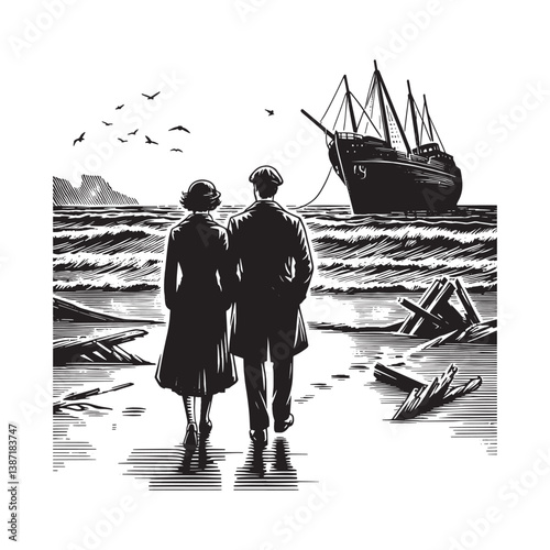 Nostalgic beach stroll a shipwreck backdrop an ode to bygone era
