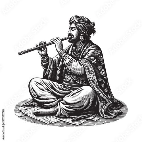 Mystical flute player in ornate garments illustration with artistic woodcut aesthetic
