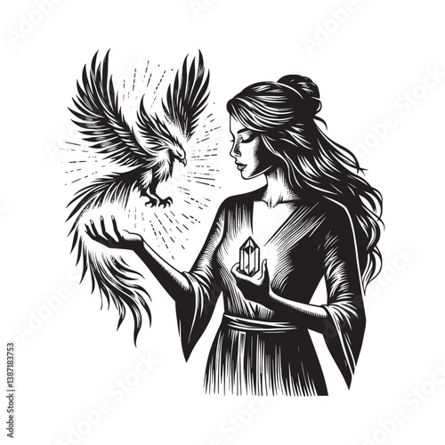 Mystical union a woman with crystal and a phoenix in monochrome illustration
