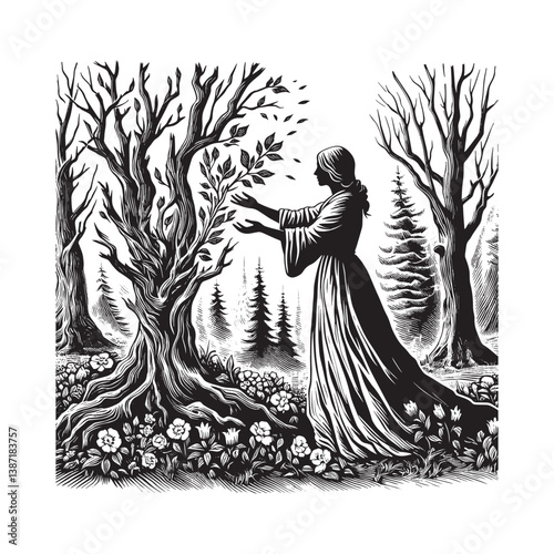 Mystical forest restoration art a woman reviving trees with touch