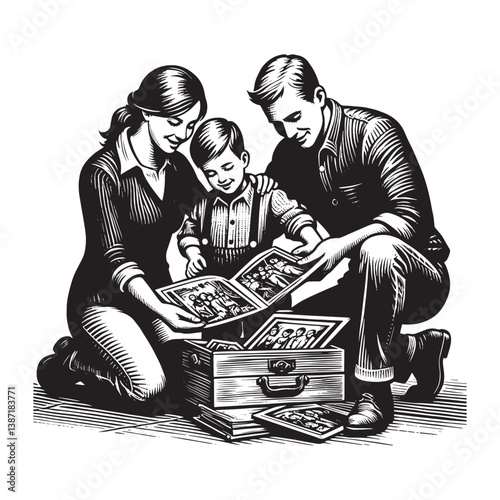 Nostalgic family sharing precious memories through old photographs archive