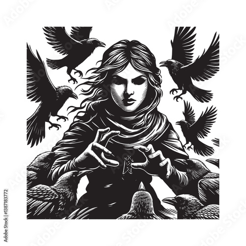 Mystical raven queen with piercing eyes surrounded by black birds pattern