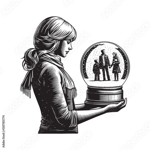 Nostalgic reflection A woman contemplates a snow globe envisioning familial warmth