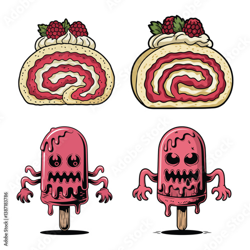 Cute and Creepy Raspberry Desserts and Monster Popsicles Cartoon Set

