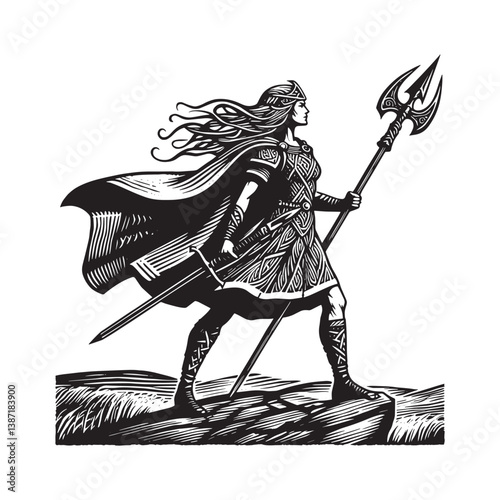 Powerful celtic warrior woman illustration with spear and sword linocut style