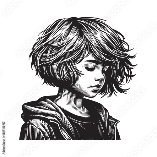 Portrait of introspective young person with bob hairstyle in engraved style