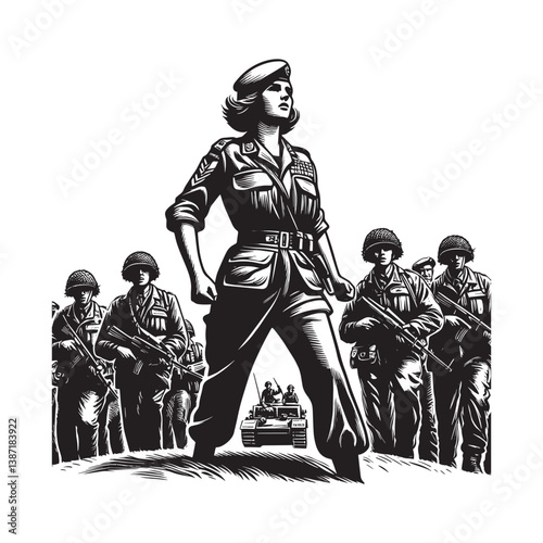 Powerful female leader commanding peacekeeping force in a vintage woodcut style