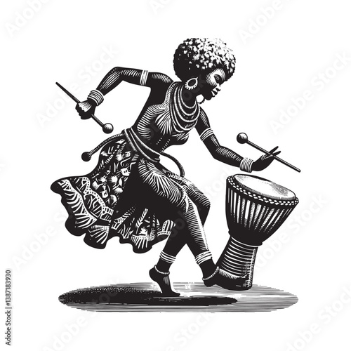 Powerful rhythmic expression woman playing drum with artistic energy style