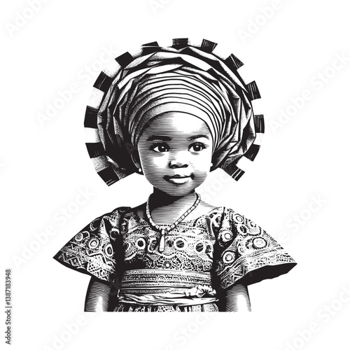 Portrait of a young girl wearing traditional Nigerian attire in woodcut style