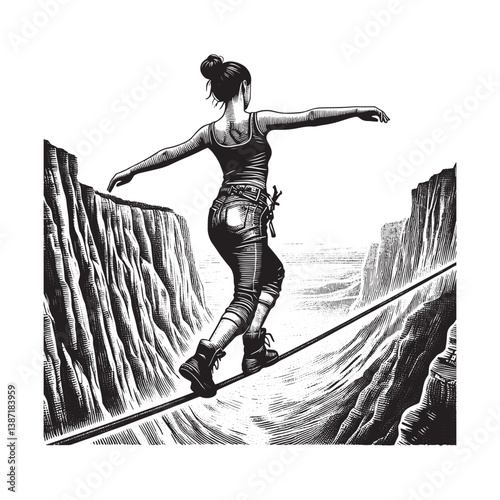 Precarious balance adventurous woman traverses deep canyon on slackline
