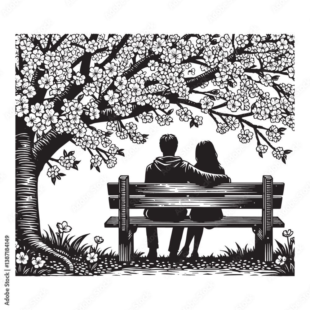 Fototapeta premium Serene encounter couple on bench embraced by cherry blossoms illustration