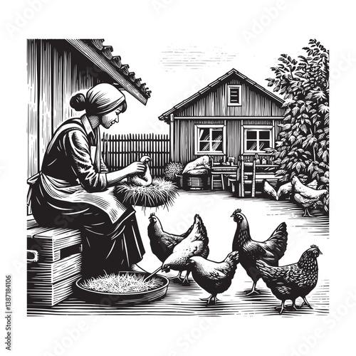 Serene backyard farm scene a woman lovingly tending to her chickens in a woodcut style