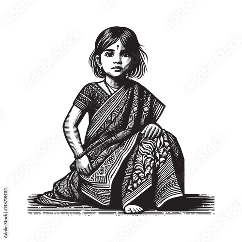 Serene girl in monochrome sari intricate traditional patterns realistic art