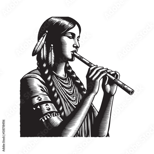 Serene Melody Woman playing native american flute in woodcut style depiction