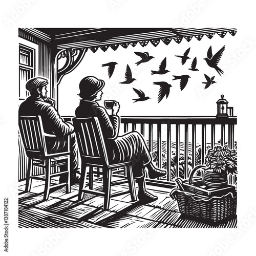 Serene porch scene couple enjoying coffee watching birds monochrome illustration