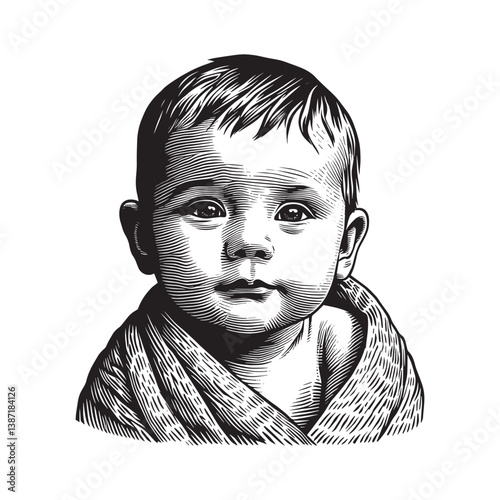 Serene infant portrait in a traditional woodcut linework style art