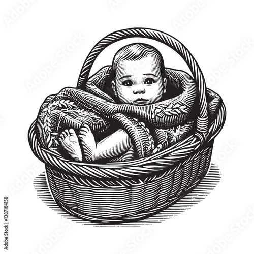Serene slumber baby tucked in wicker basket rendered in woodcut engraving