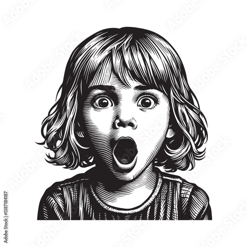 Shocked expression of a girl in a woodcut illustration with vintage effect
