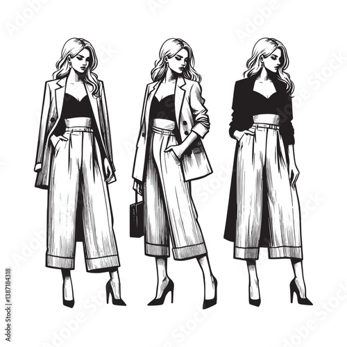 Sophisticated monochrome fashion illustrations of stylish female figures