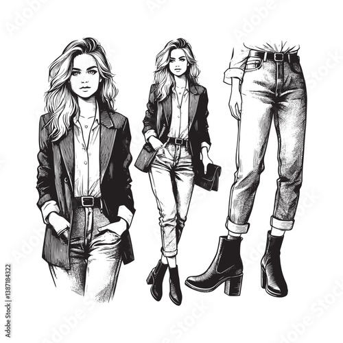 Sophisticated monochrome fashion illustration with blazer jeans and boots
