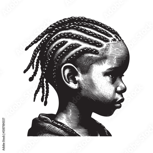 Striking monochromatic illustration of a child with cornrows in woodcut style